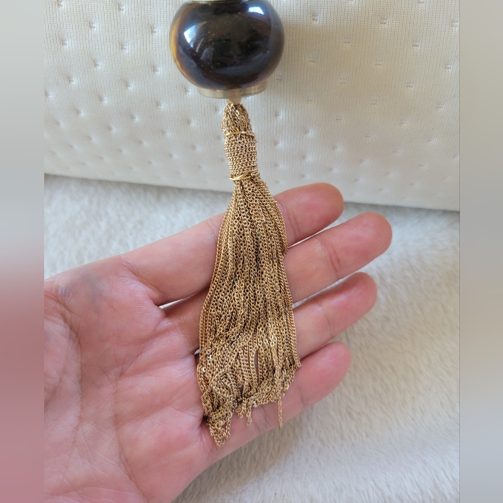 NWOT Gorgeous Long Boho Natural Tiger Eye Wood Beaded Tassel Necklace - Picture 4 of 9
